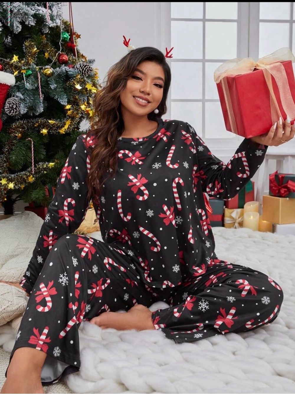 SHEIN Black Candy Cane Print Long Sleeve Pajama Set